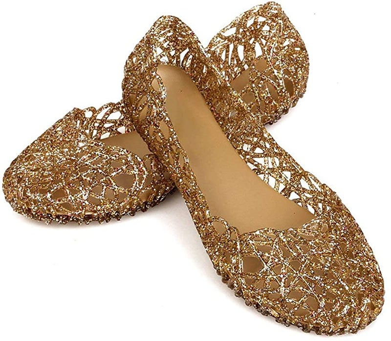 Domucos Womens Sandals Crystal Glitter Plastic Jelly Hollowed Flat Sandals Beach Pumps Shoes-Gold-8.5-40â€¦ - Image 3